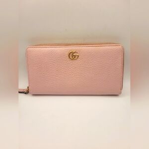 GUCCI Light Pink Leather GG Marmont Gold Hardware Zip Around Large Wallet